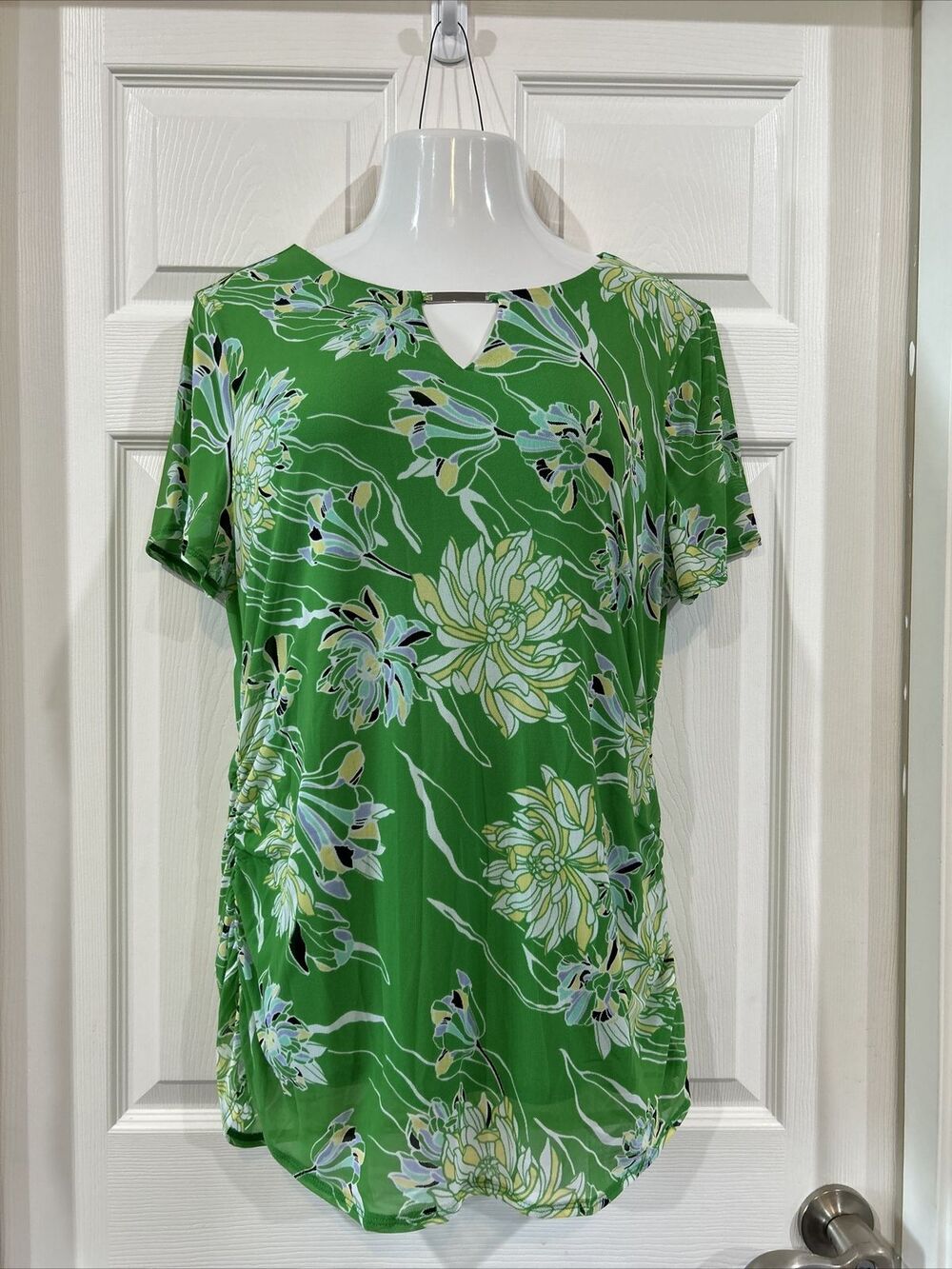 JM Collection Green Floral Mesh Shirred Seam Blouse Top Tunic Women's XL